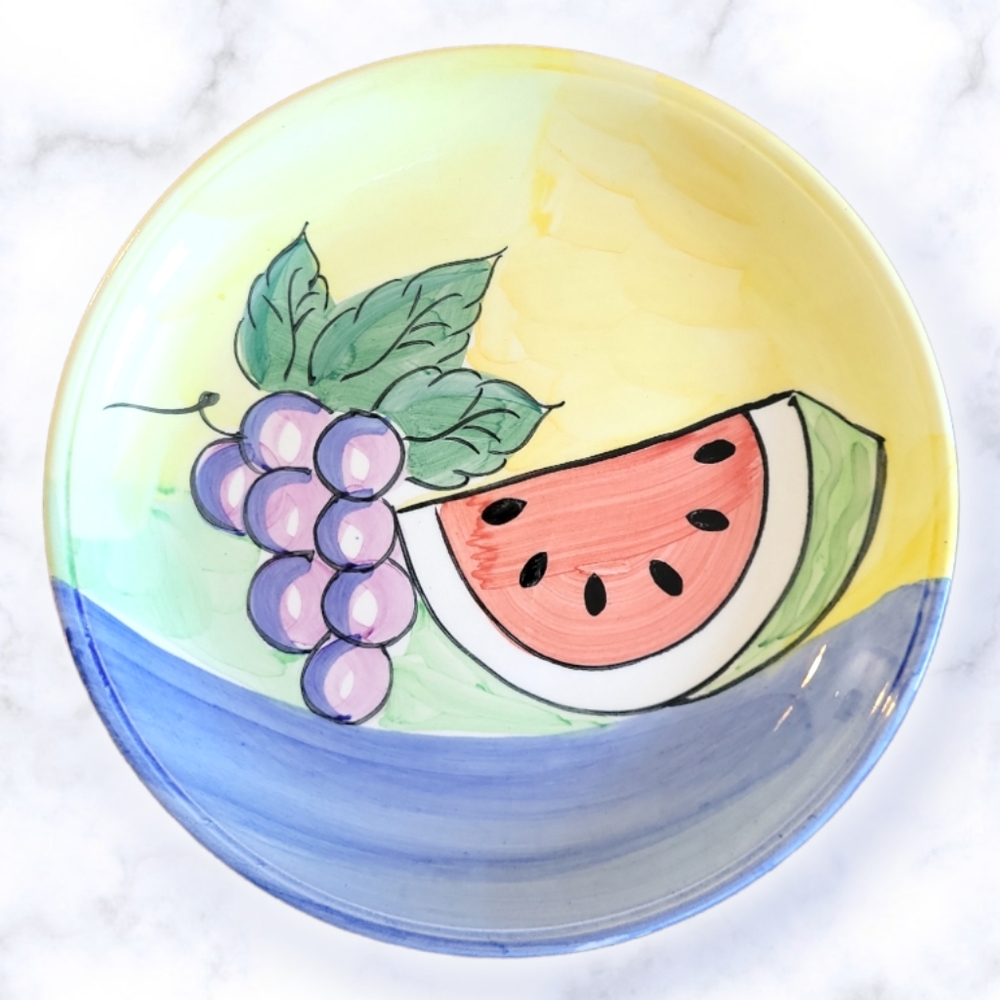Vtg Salad Dessert Pie Plate Watermelon Grapes Hand Painted Ceramic